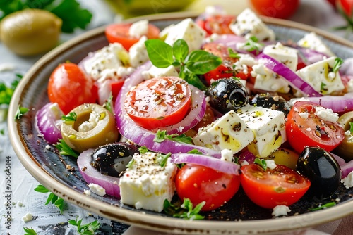 a plate of salad with tomatoes olives and feta cheese