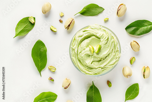 Tasty pistachio cream green leaves and nuts flat lay backdrop