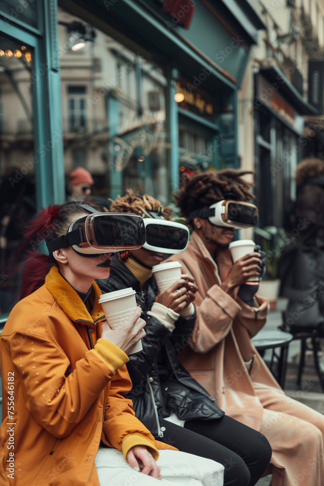 Friends sitting and drinking coffee outside in front of a coffee shop and wearing vr glasses.