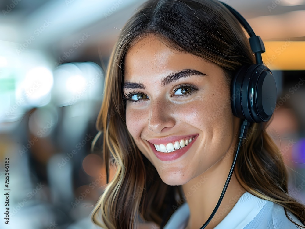 A woman wearing a headset is smiling A woman wearing a headset is smiling
