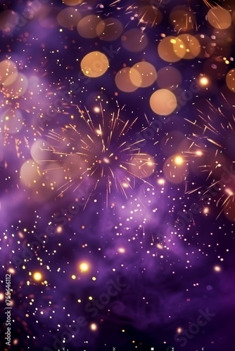 Purple and gold explosions fire works and bokeh backdrop for new year's celebrations, confetti-like dots and dark purple themes. Copy space. Abstract background holiday . AI generative.