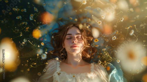 Young woman lying amidst wildflowers with sunlight filtering through. 