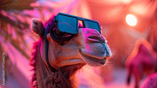 A close up of a camel wearing sunglasses with its head tilted, AI © starush