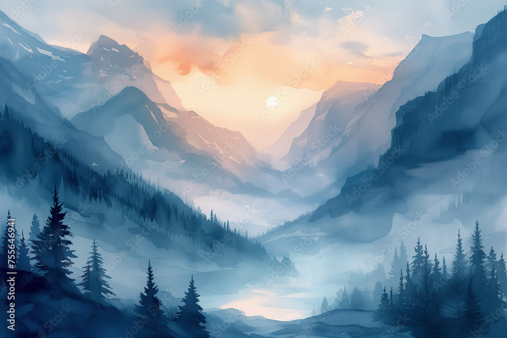 Watercolor painting of mountain scenery and sun.