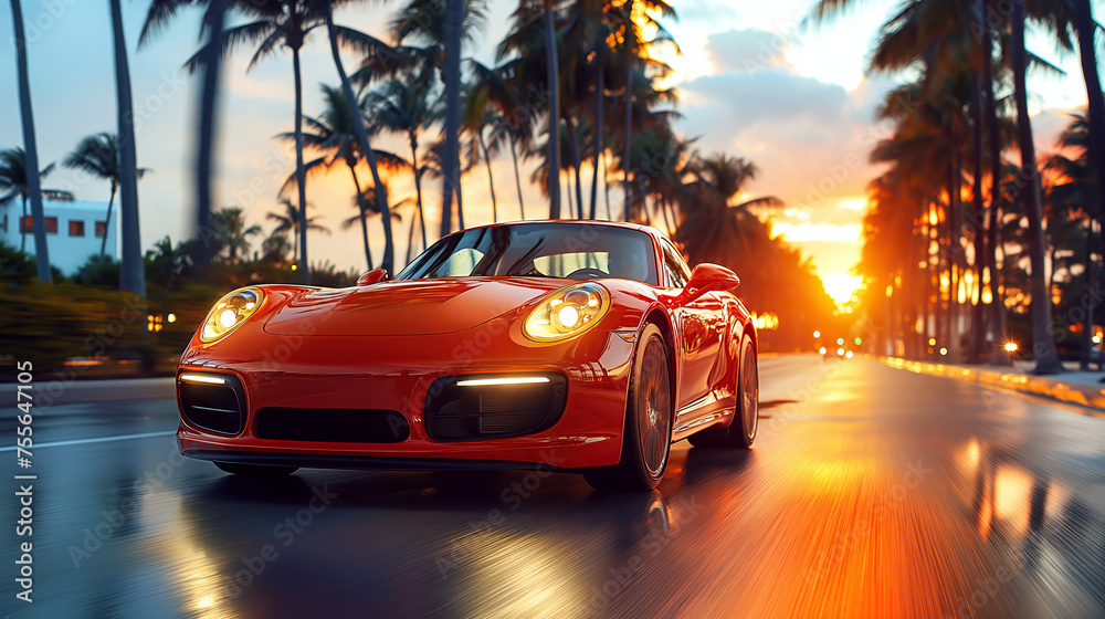 Fototapeta premium luxury red sports car drives fast on road at sunset at resort with palm trees. Motion blur