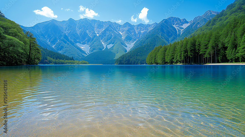 A tranquil mountain lake with clear water, surrounded by lush green forests and rugged peaks.