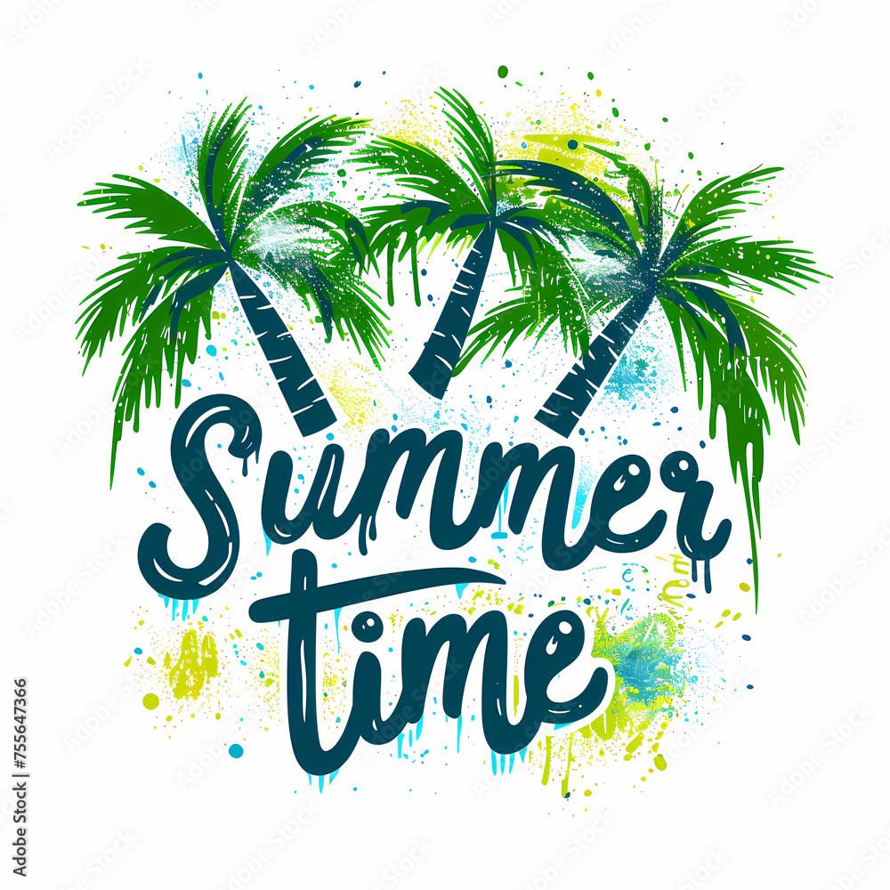 Illustration with inscription - Summer time. Lettering on a white background with palms and watercolor spots. is ideal for wallpapers, posters, cards, prints on covers, phone cases, bags