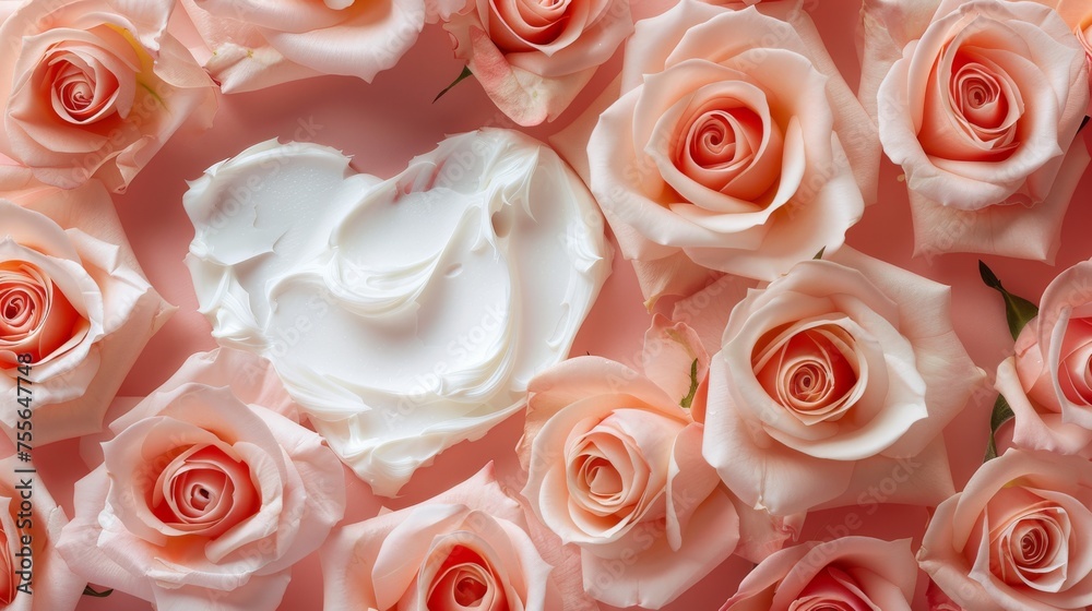 Sensual white skincare cream in a heart shape on a romantic rose background Sensual white skincare cream in a heart shape on a romantic rose background