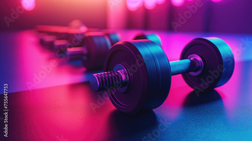 Dumbbells in neon light. Sport and fitness background.