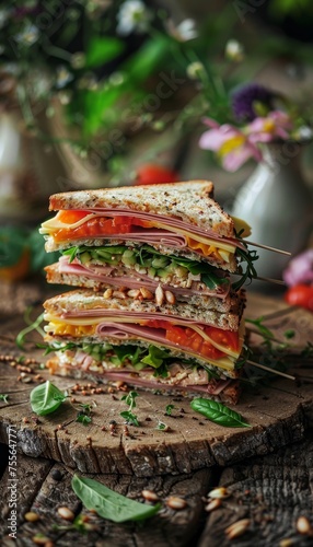 Savory triangle sandwich filled with ham, cheese, tomato, and accompanied by a fresh salad