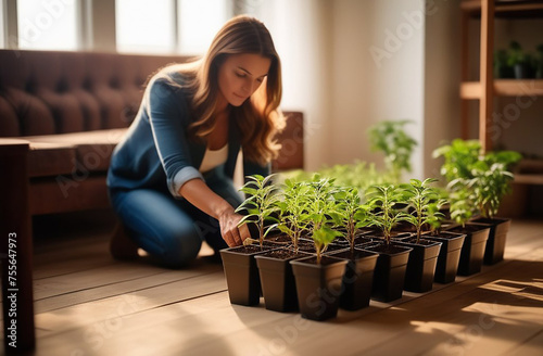 Woman replanting plants into pots