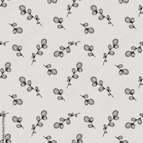 Botanical elegant elements seamless pattern on light gray background, floral wallpaper