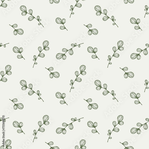 Botanical elegant elements seamless pattern on light green background, floral wallpaper
