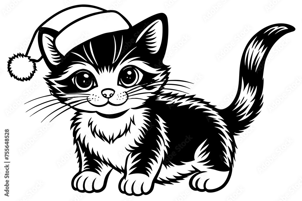 simple cute baby cat wearing Santa hat vector art