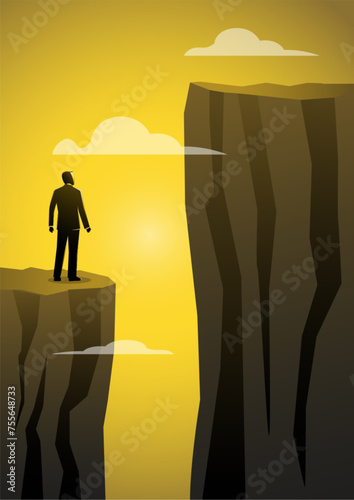 A businessman stands and looks up at an intimidating cliff vector illustration