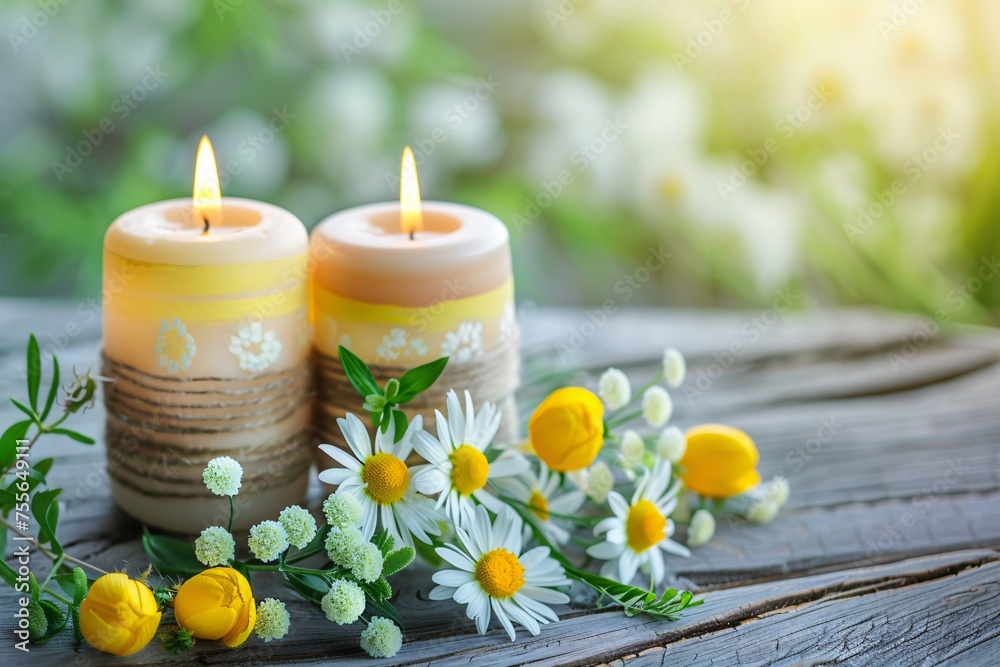 Burning candles and spring flowers on a wooden table.