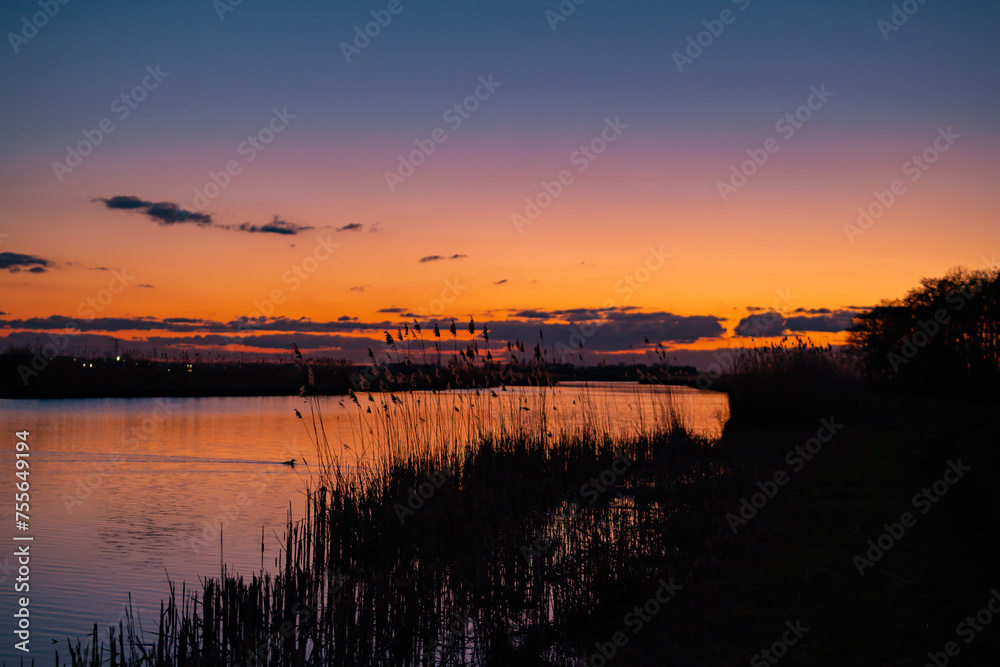 Scenic view of beautiful sunset above the lake at spring in the evening with cloudy sky background and reed grass at foreground. Water reflecting in warm color