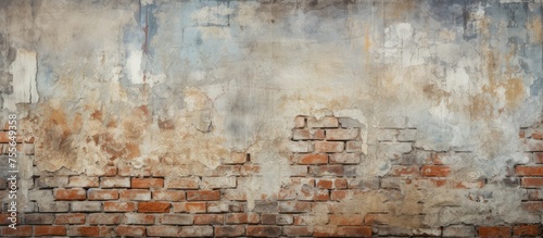 An old brick wall covered in layers of peeling paint and plaster  showing signs of wear and aging over time. The weathered surface reveals a history of neglect and decay  adding character to the