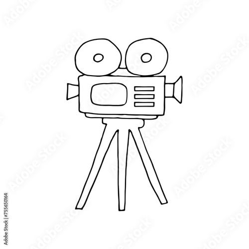 Film camera, a device for recording moving images onto film. Doodle. Vector illustration. Hand drawn. Outline.