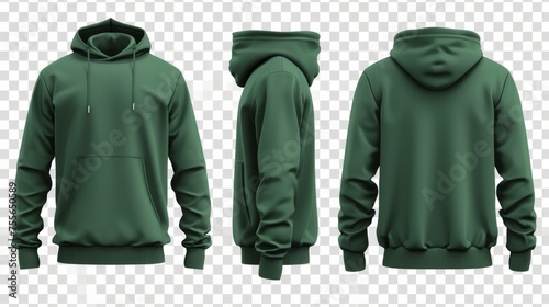 Set of green front and back view tee hoodie hoody sweatshirt on transparent background cutout, PNG file. Mockup template for artwork graphic design --ar 16:9.