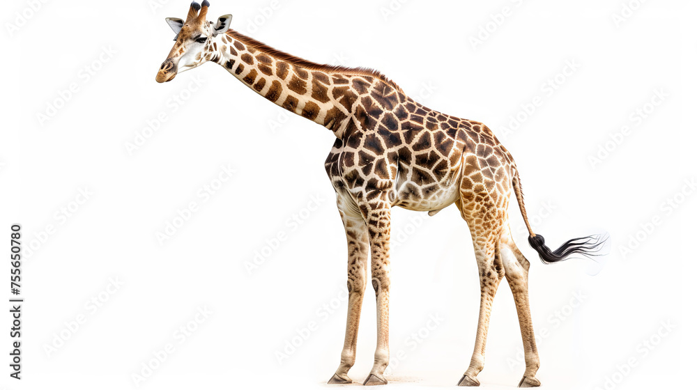 Tall beautiful long necked giraffe on a white isolated background