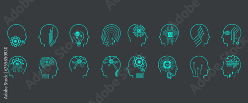 artificial intelligenceheads ,AI heads of icon set. Set of AI line style, machine learning robot heads. Collection of Artificial intelligence icons. smart robotic head