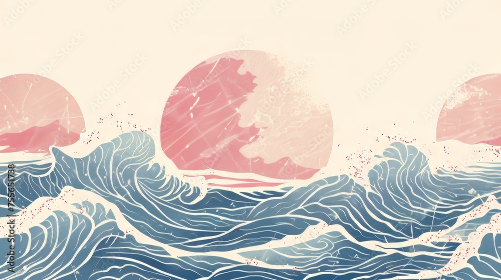 Wave decoration in Japanese style with line patterns. Abstract banner design of ocean and sea elements. Vintage style ocean card design.