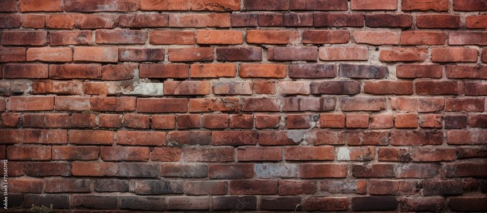 Obraz premium A weathered red brick wall displaying a white sign against its textured surface. The sign stands out boldly against the rustic backdrop, creating a striking visual contrast.