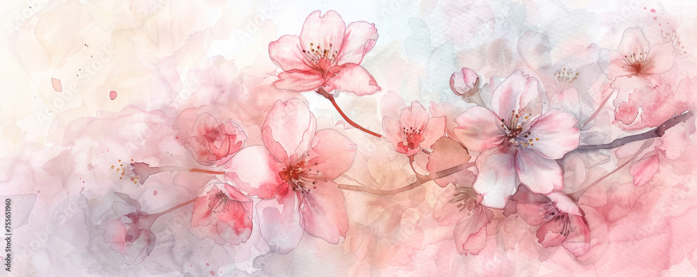 Ethereal Cherry Blossom Panorama. A delicate and artistic wide-format painting of cherry blossoms in soft watercolor hues, creating a serene and romantic springtime scene.