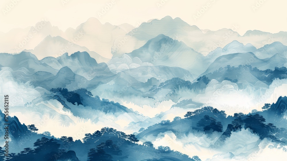 Artistic background with Japanese wave pattern modern. Background with nature landscape with watercolor painting texture. Backdrop with Oriental mountain forest layout.