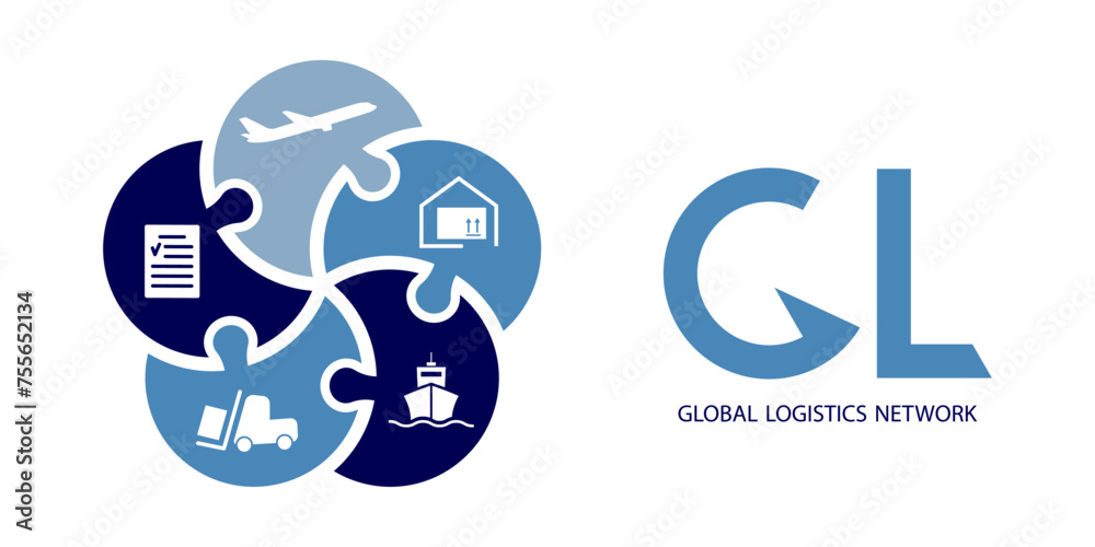 Global logistics network. Map global logistics partnership connection.  Puzzle from five elements and logistics icons for your design.  EPS10.
