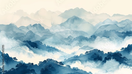 Artistic background with Japanese wave pattern modern. Background with nature landscape with watercolor painting texture. Backdrop with Oriental mountain forest layout.