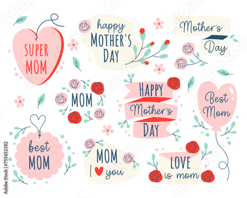 Happy mothers day holiday greetings hand drawn stickers and badges set vector illustration