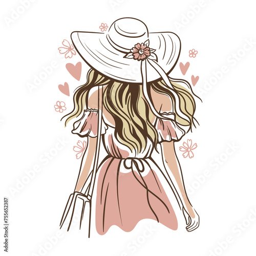 Woman girl in summer hat, rear view, feeling self-love, bliss, harmony, positive emotions. Happy calm peaceful girl in a summer dress. Caring, humanity, self-help and beauty concept