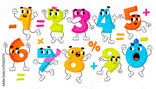 Funny colorful numbers cartoon characters and mathematical operation signs set vector illustration