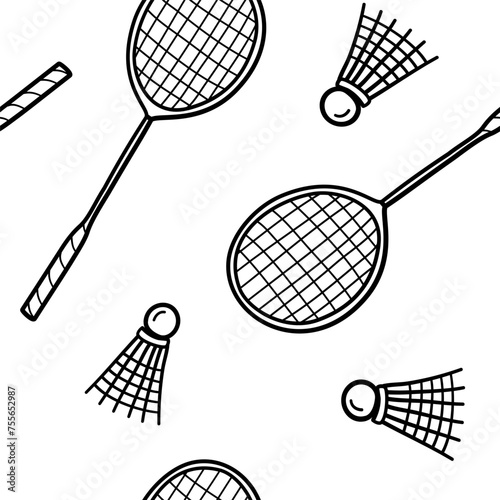 Doodle badminton seamless pattern with hand drawn shuttlecock and rackets. Vector sport background for textile