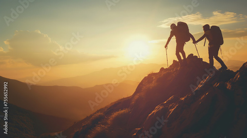Hikers Supporting Each Other at Sunset on a Mountain Range