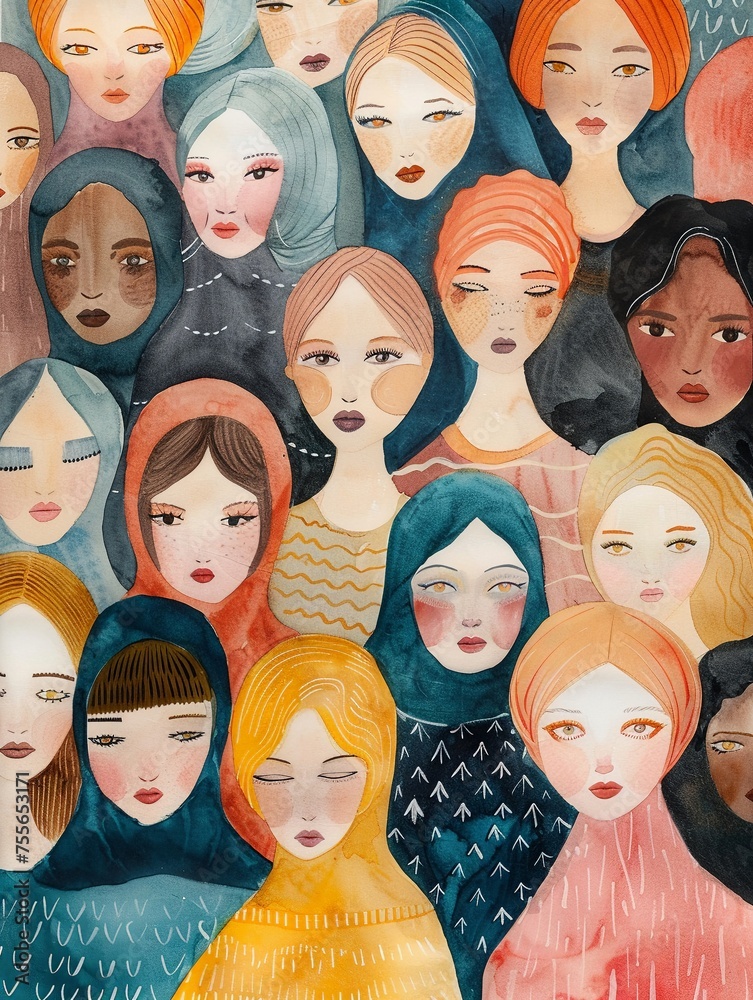 Whimsical watercolor painting depicting diverse women in solidarity for International Womens Day