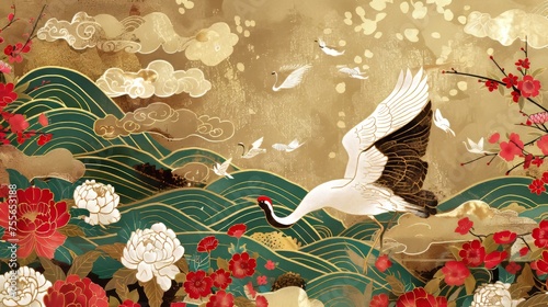 This is a Japanese background with floral gold texture modern. Peony flower and hand drawn wave Chinese cloud decorations in vintage style. Crane birds element with abstract banner design.