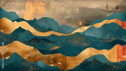 An oriental template with a gold foil texture featuring an abstract landscape background.