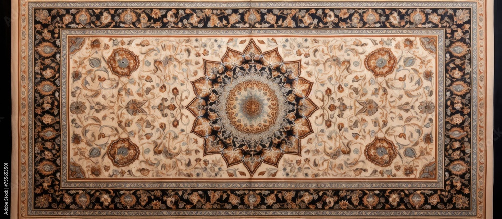 A large rug featuring an intricate design with original light brown shades. The rug adds elegance and sophistication to the room, showcasing detailed patterns and craftsmanship.
