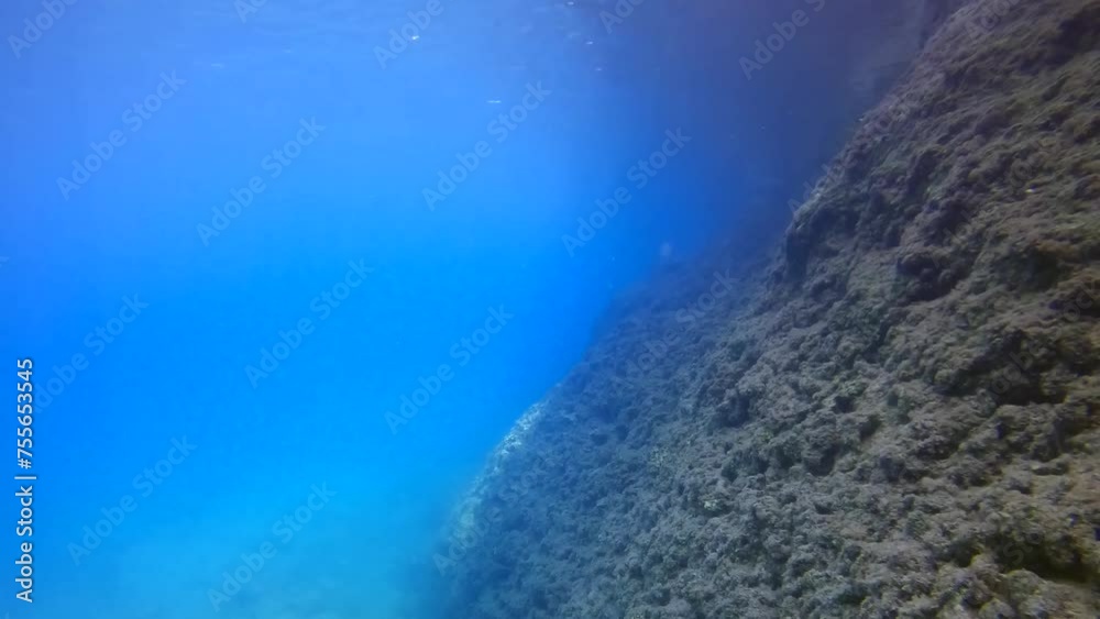 Camera moving forwards along cliff in clear blue water in sun light, Slow motion. Underwater landscape of Mediterranean Sea, Greece Camera moving forwards along cliff in clear blue water in sun light, Slow motion. Underwater landscape of Mediterranean Sea, Greece