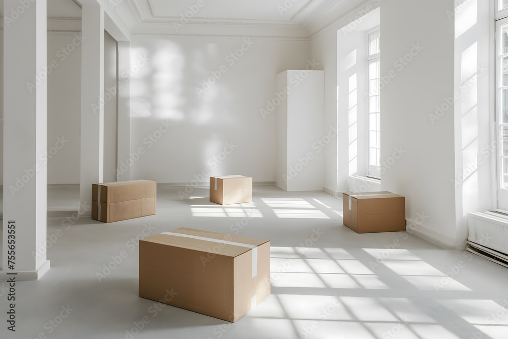 Sunlight Casting Shadows in a Classic Room Filled with Moving Boxes Sunlight Casting Shadows in a Classic Room Filled with Moving Boxes