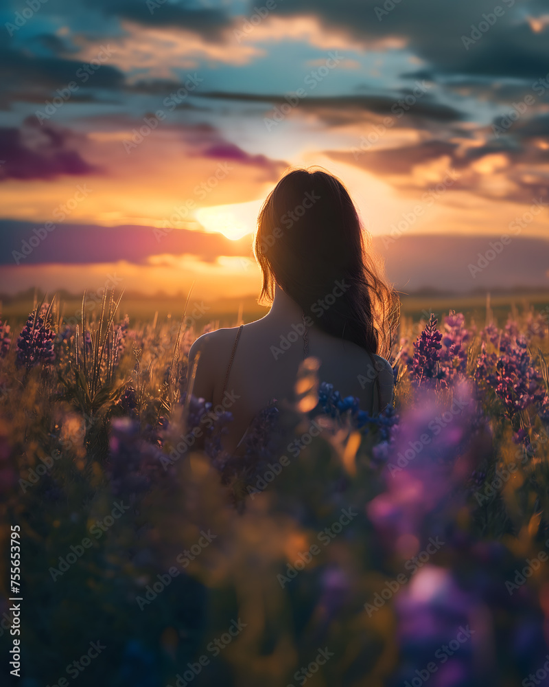 Ethereal Woman in a Wildflower Meadow at Sunset