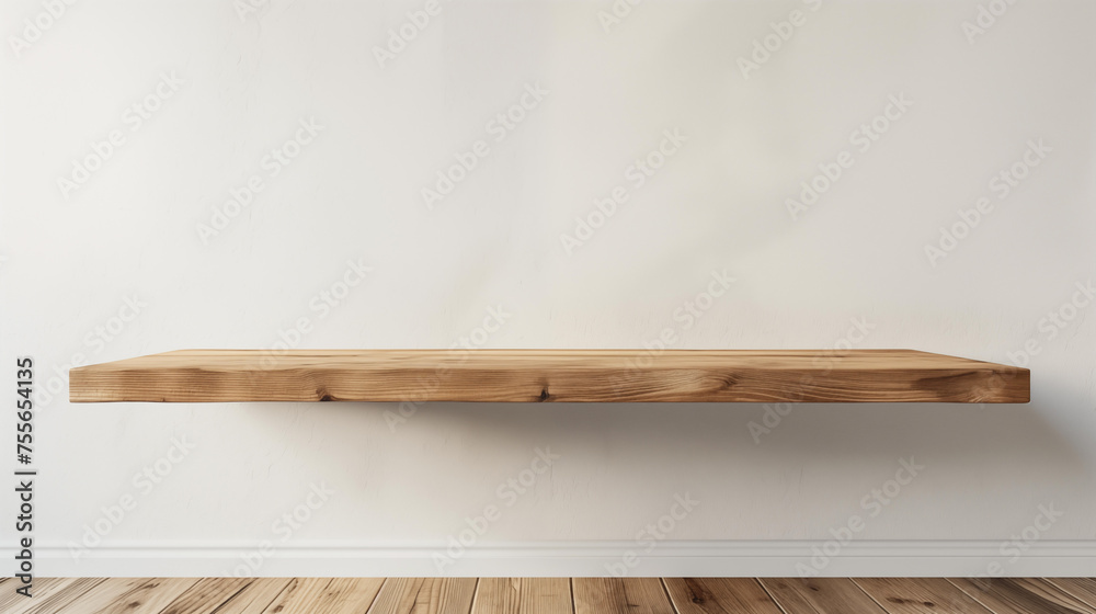 Wood floating shelf on white wall with plants