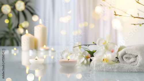 Serene Spa Setting with Candles  Towels  and Flowers on Shimmering Background