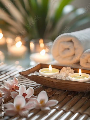 Elegant Spa Treatment Setup with Rolled Towels and Serene Decor
