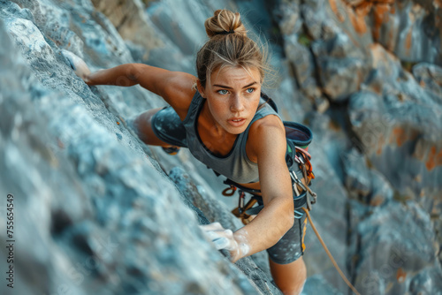 Focused female climber scales a rocky cliff. Woman climbs a sheer wall to the top of cliff. Extreme sports for outdoor activities