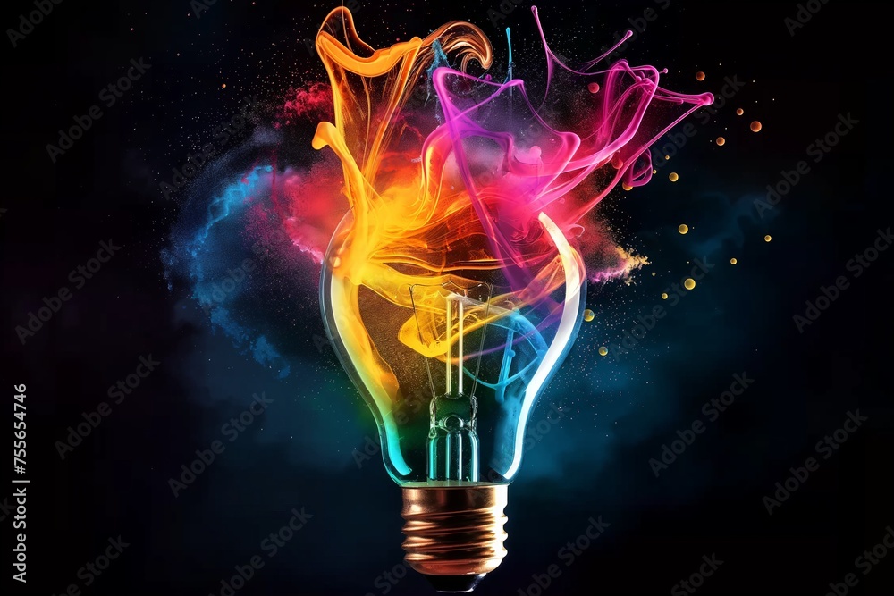 Colorful light bulb explosion splashes on dark background, vibrant hues and futuristic influences. New idea, creativity, inspiration, brainstorming abstract concept. Colorful light bulb explosion splashes on dark background, vibrant hues and futuristic influences. New idea, creativity, inspiration, brainstorming abstract concept.