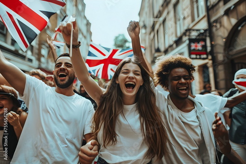 people celebrating and waving english flags on street